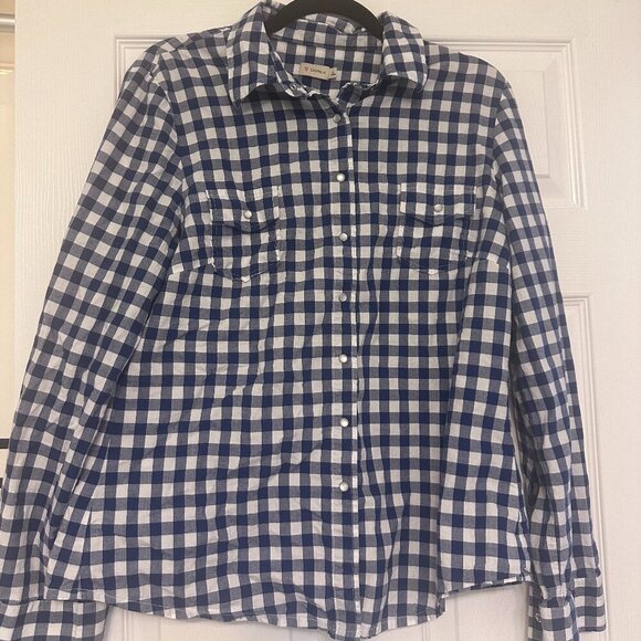 Daniel Cremieux Tops - Cremieux Blue and Gingham Long Sleeve Top Size L Pearl Button Snap Close